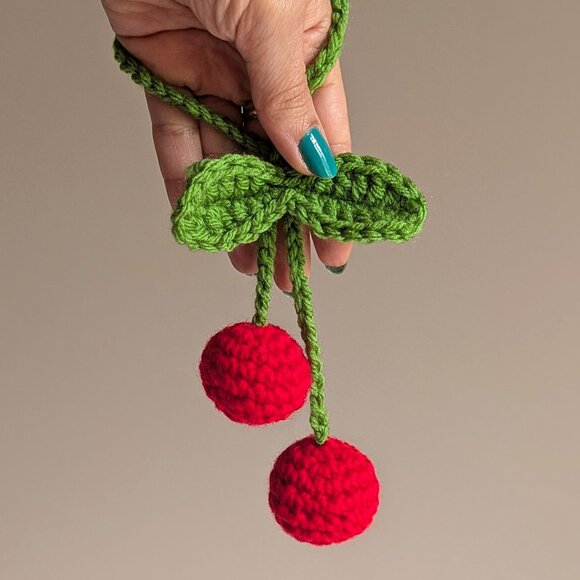 Crochet Cherries Charm | Hanging Accessory for Car Mirror, Bags, Door Knobs - Picture 7 of 8